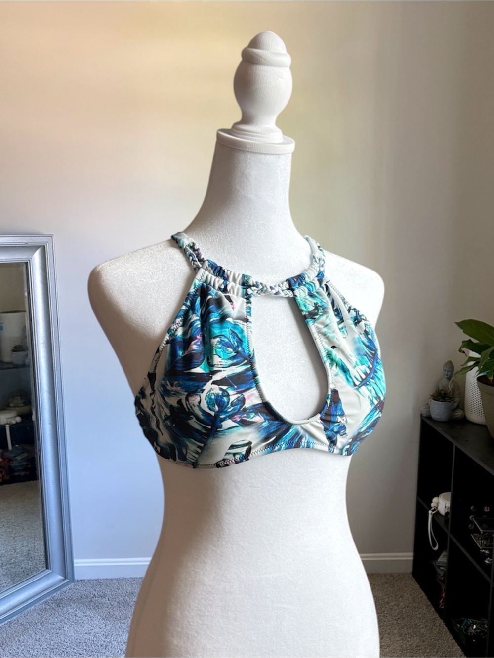 Blue Teal Palm Print Keyhole Halter Bikini Top